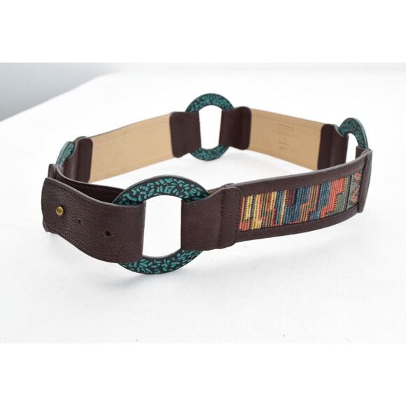 Chicos Mix Print Boho Belt Small Metal Circle Textured Southwest - Picture 1 of 3